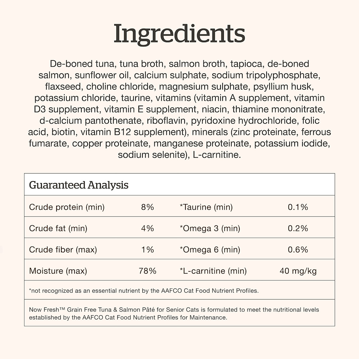 Now Fresh Tuna & Salmon Pâté for Seniors wet cat food ingredients