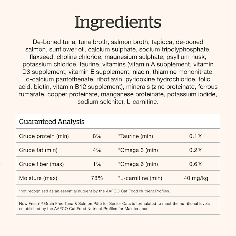 Now Fresh Tuna & Salmon Pâté for Seniors wet cat food ingredients