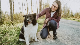 Middle aged woman showing love to her Border Collie on a forest trail