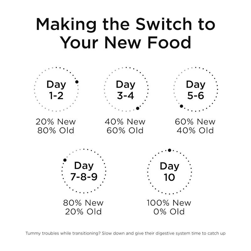 Transition your pet's food gradually over a 10-day period