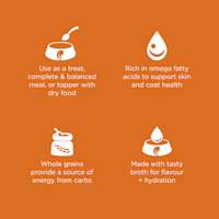 Use as a meal or topper, rich in omega fatty acids to support skin and coat health, whole grains provide a source of energy, and made tasty broth