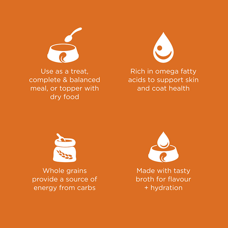Use as a meal or topper, rich in omega fatty acids to support skin and coat health, whole grains provide a source of energy, and made tasty broth