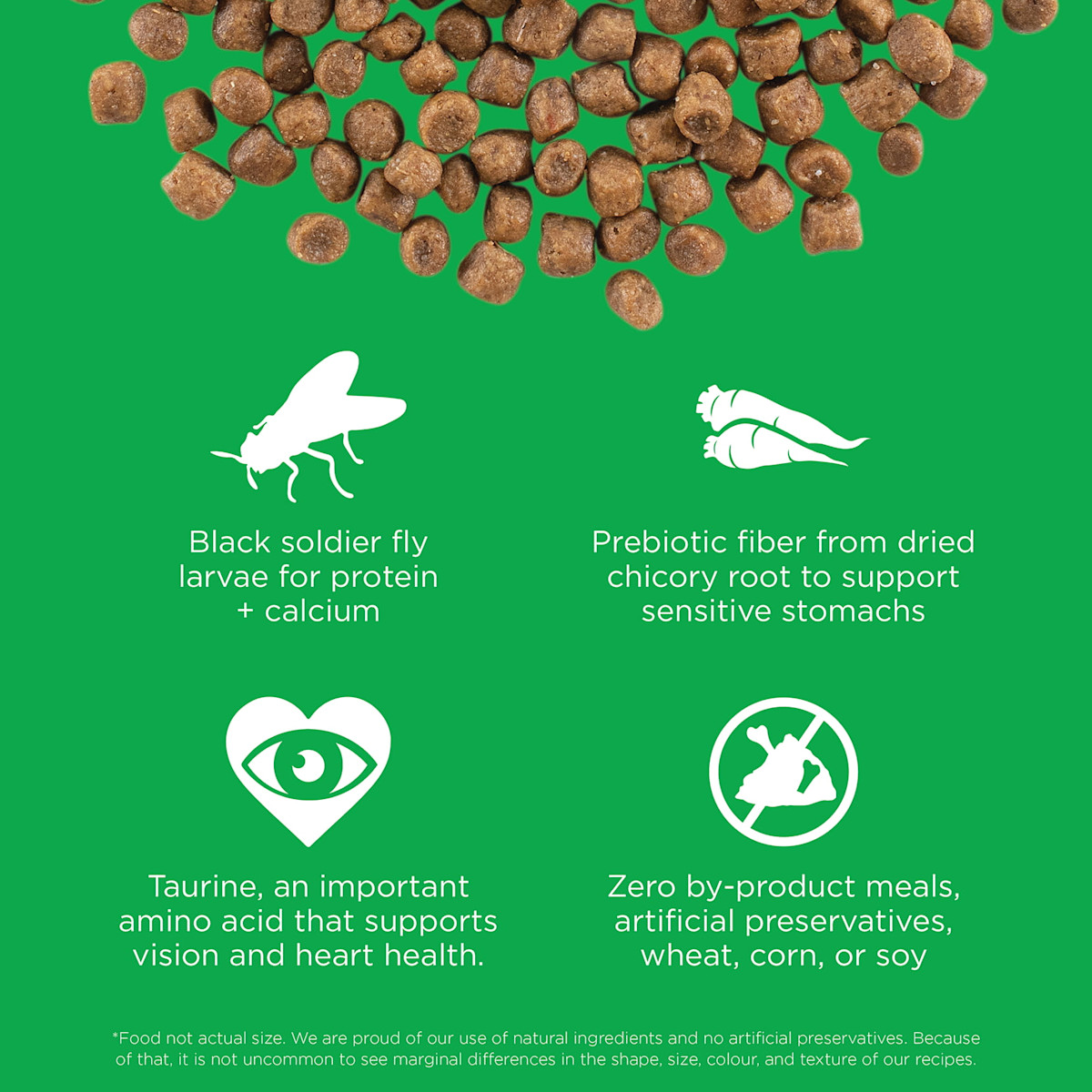 Black soldier fly larvae, prebiotic fiber, taurine, and zero by-product meals