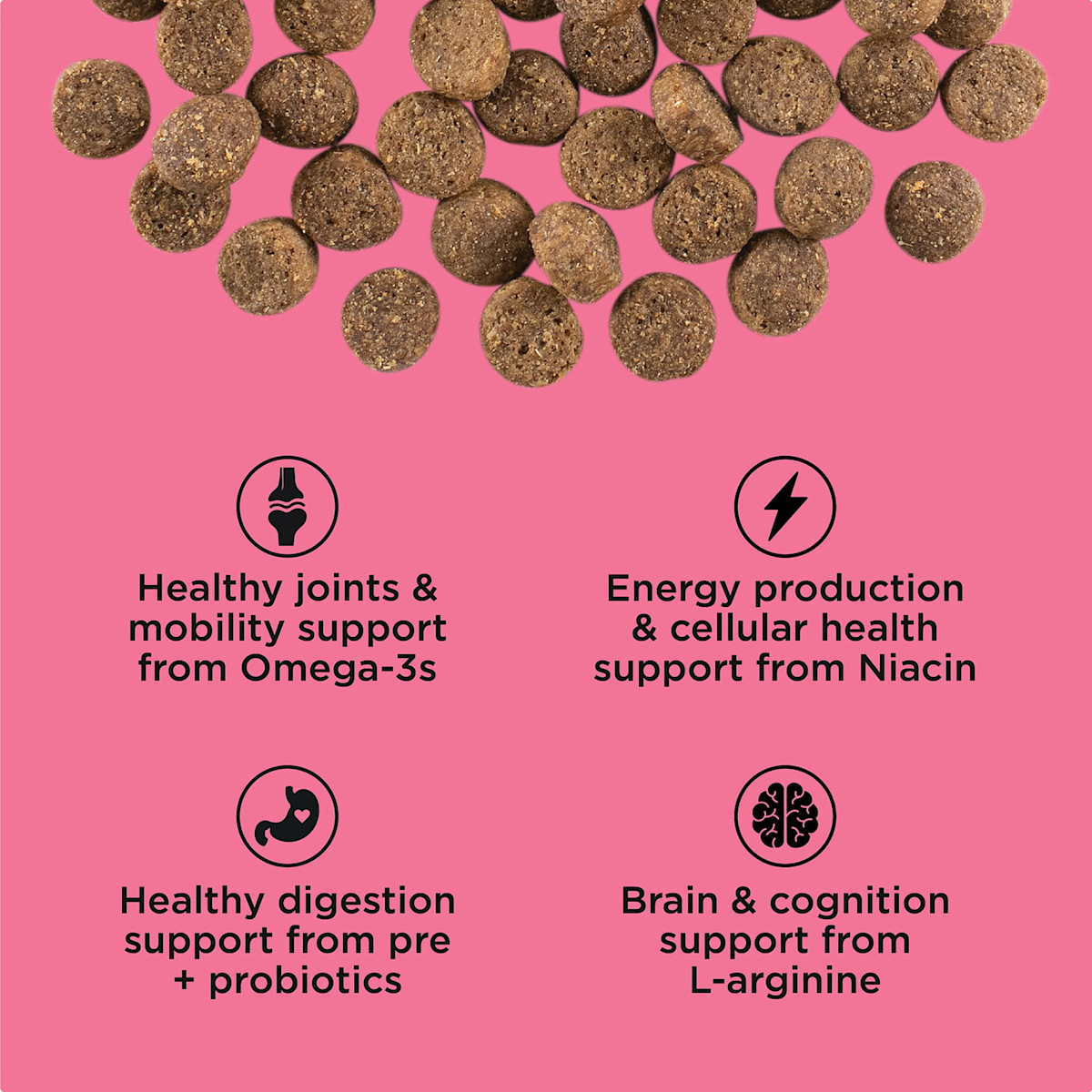 Healthy joints and mobility support from omega-3s, energy production and cellular health support from niacin, healthy digestion support from pre and probiotics, brain and cognition support from l-arginine