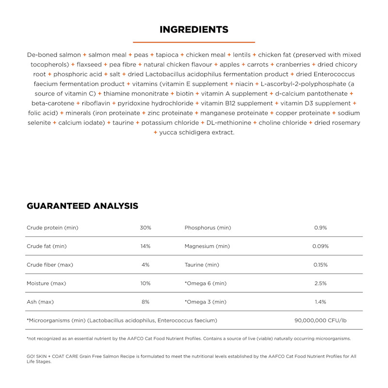 Go! Solutions Skin + Coat Care Grain-Free Salmon Recipe cat food ingredients