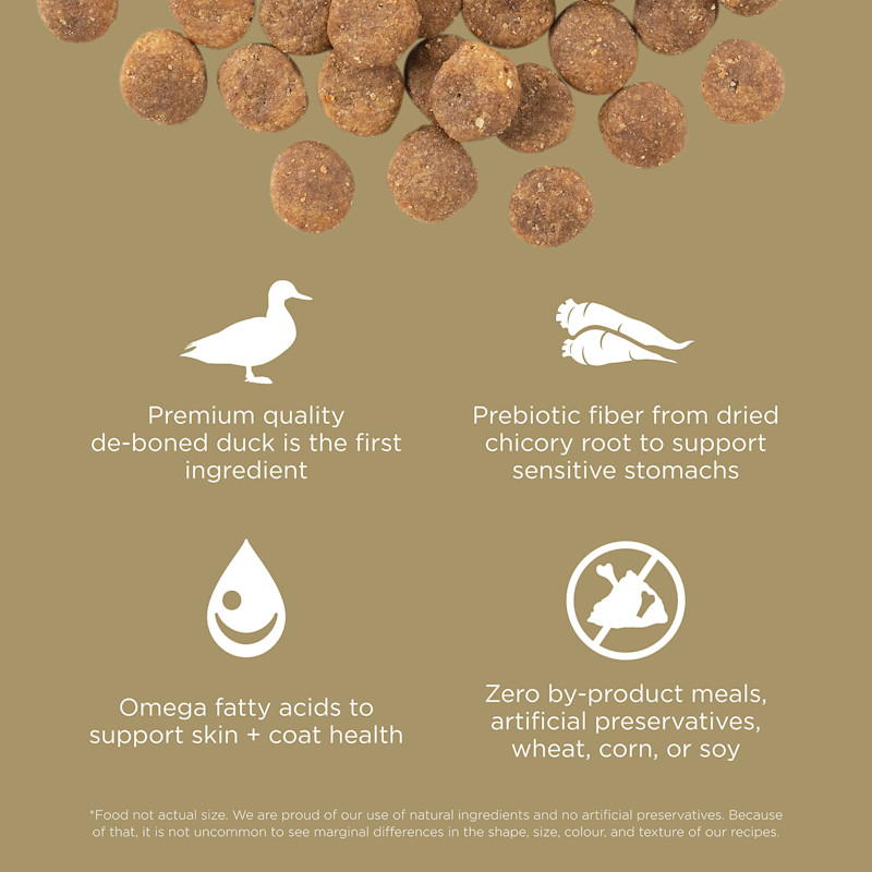 Premium-quality de-boned duck as the first ingredient, prebiotic fiber, omega fatty acids, and zero by-product meals