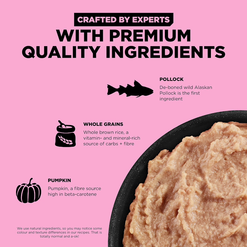 Crafted by experts with premium-quality pollock, whole grains, and pumpkin