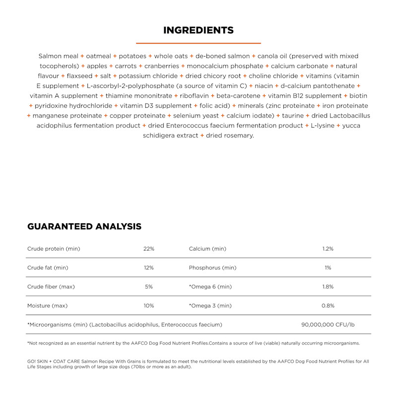 Go! Solutions Skin + Coat Care Salmon Recipe with Grains dog food ingredients