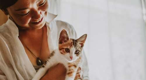 Woman holding calico kitten