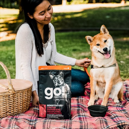 Woman with Shiba Inu having a picnic with GO! SOLUTIONS SENSITIVITIES Limited Ingredient Grain-Free Lamb Recipe for Dogs dry food