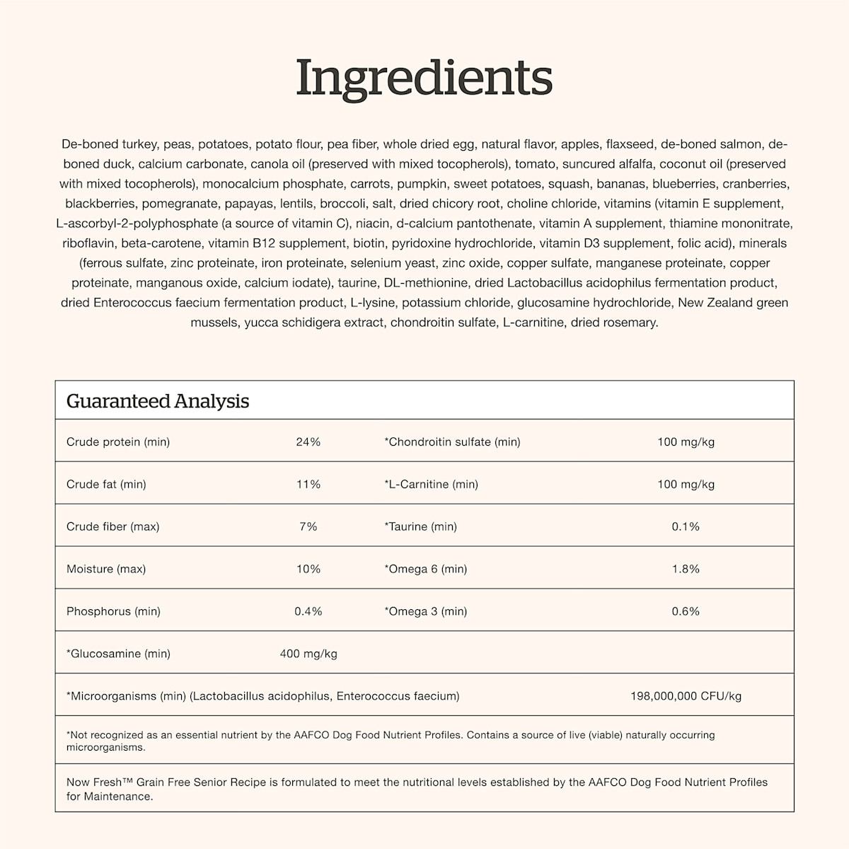 Now Fresh Senior Recipe dog food ingredients
