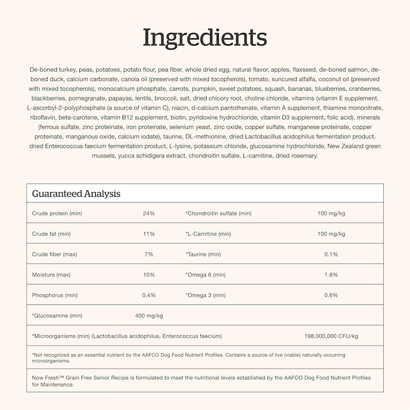 Now Fresh Senior Recipe dog food ingredients