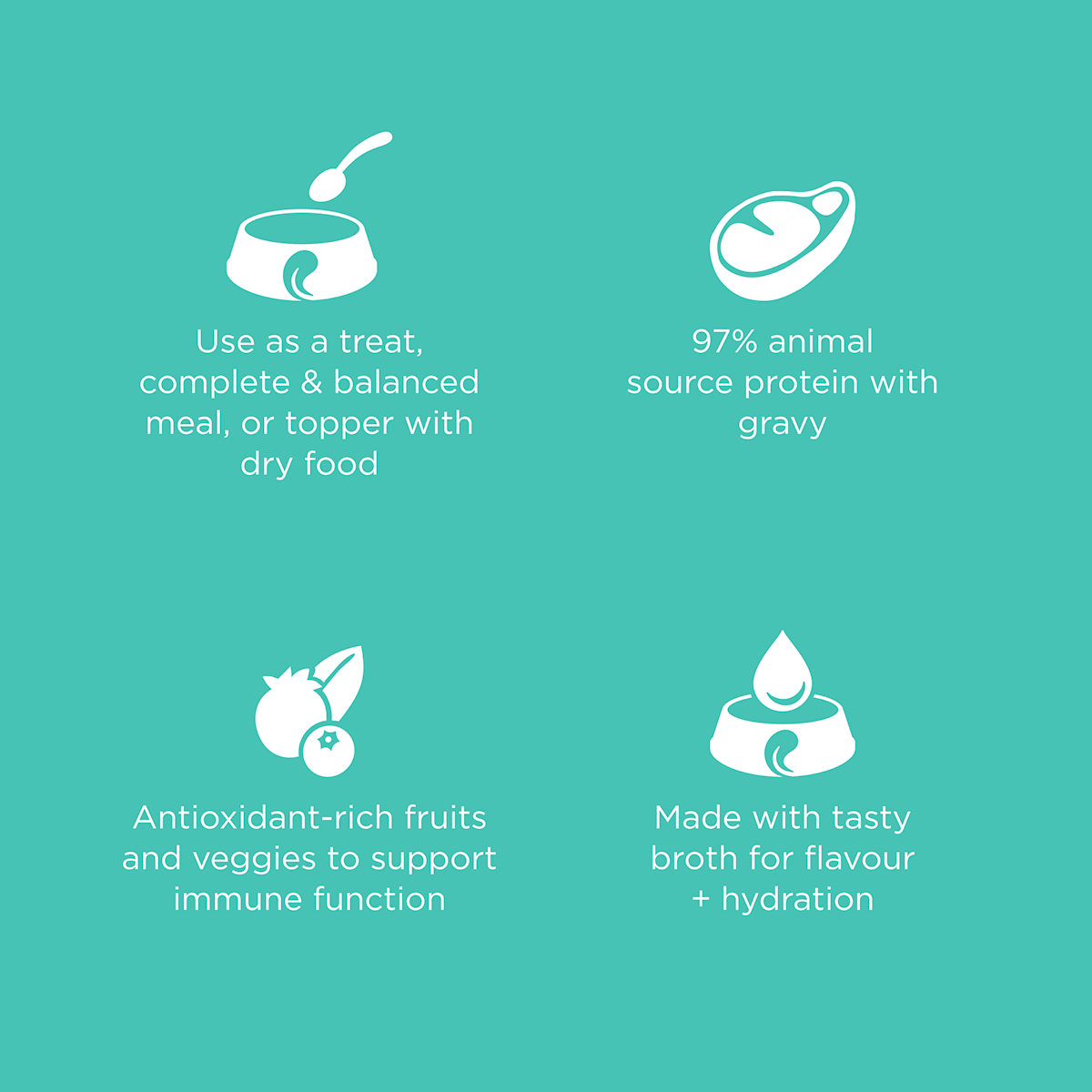 Use as a meal or topper, 97% animal source protein, antioxidant-rich ingredients, and made with a tasty broth