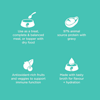 Use as a meal or topper, 97% animal source protein, antioxidant-rich ingredients, and made with a tasty broth