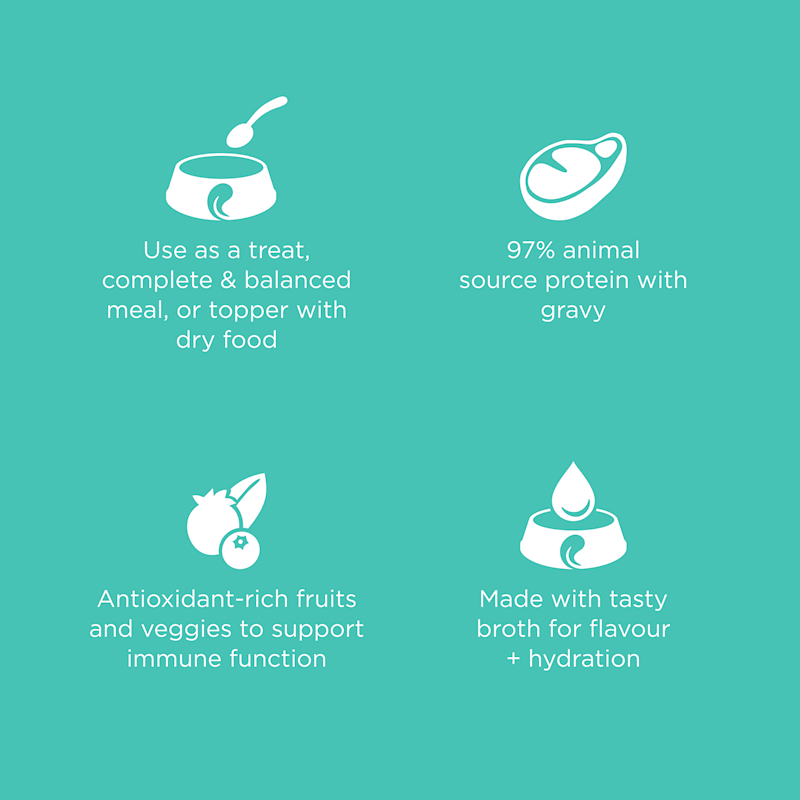 Use as a meal or topper, 97% animal source protein, antioxidant-rich ingredients, and made with a tasty broth