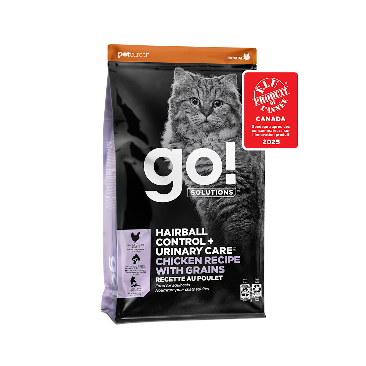 Nourriture sèche pour chats Go! Solutions Hairball Control + Urinary Care, recette au poulet avec grains, élue Produit de l'année Canada 2025, sondage auprès des consommateurs sur l'innovation de produits
