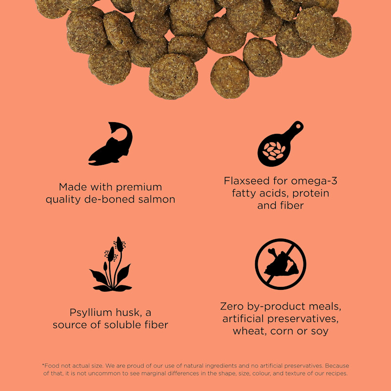 Made with premium-quality de-boned salmon, flaxseed, psyllium husk, and zero by-product meals