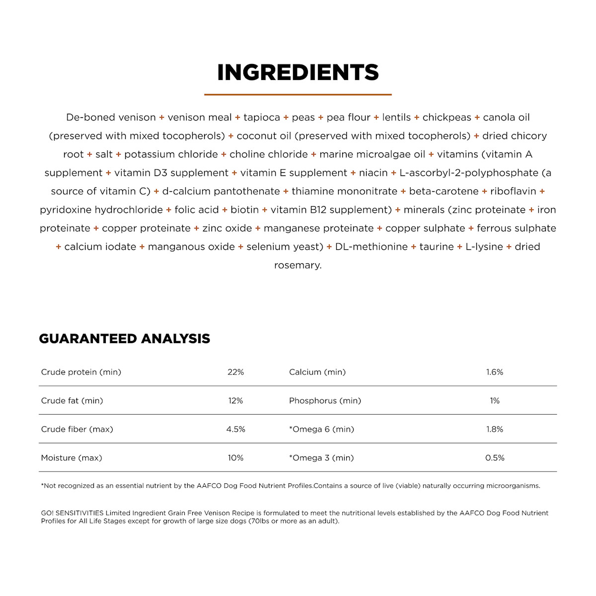 Go! Solutions Sensitivities Limited Ingredient Grain-Free Venison Recipe dog food ingredients