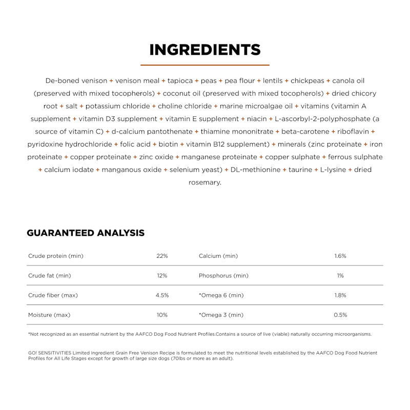 Go! Solutions Sensitivities Limited Ingredient Grain-Free Venison Recipe dog food ingredients