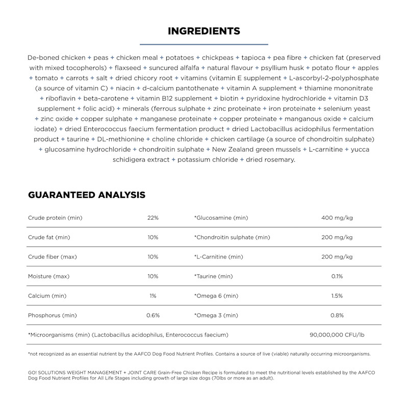 Go! Solutions Weight Management + Joint Care Grain-Free Chicken Recipe dog food ingredients
