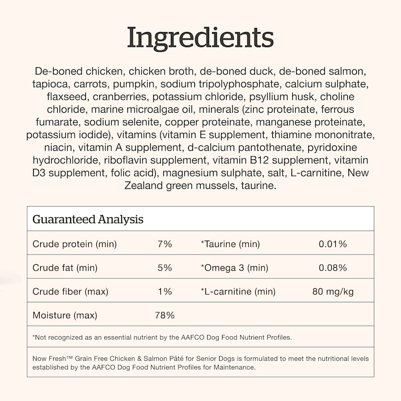 Now Fresh Chicken & Salmon Pâté for Seniors wet dog food ingredients