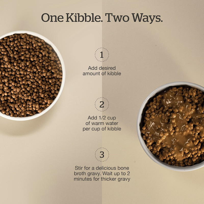 Add 1/2 warm water per cup of kibble for a delicious bone broth gravy
