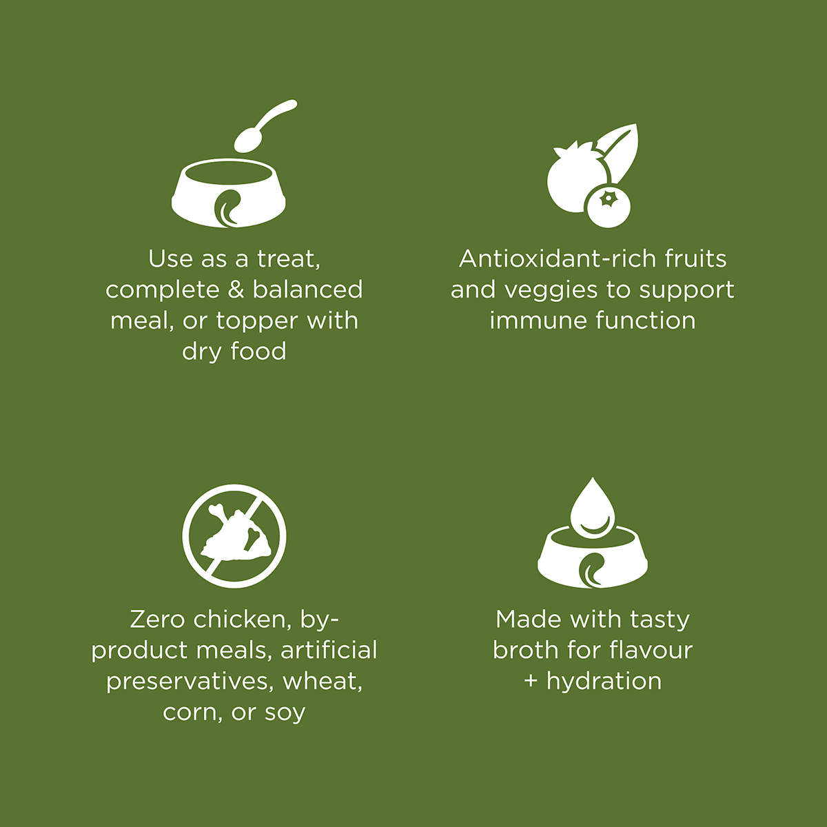 Use as a meal or topper, antioxidant-rich ingredients, zero by-product meals, and made with tasty broth