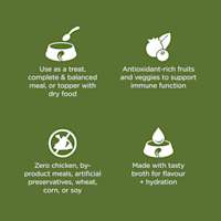 Use as a meal or topper, antioxidant-rich ingredients, zero by-product meals, and made with tasty broth