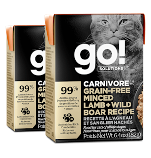 Go! Solutions Carnivore Grain-Free Minced Lamb + Wild Boar Recipe wet cat food tetra paks