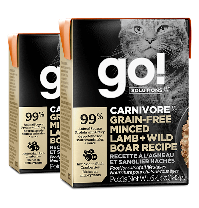 Go! Solutions Carnivore Grain-Free Minced Lamb + Wild Boar Recipe wet cat food tetra paks