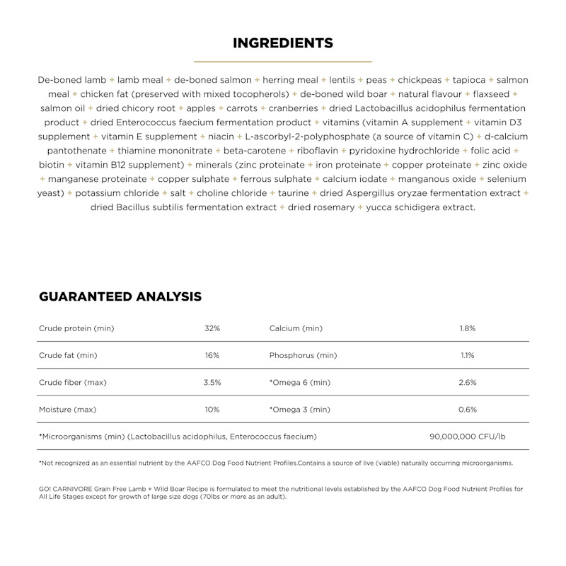 Go! Solutions Carnivore Grain-Free Lamb + Wild Boar Recipe dog food ingredients