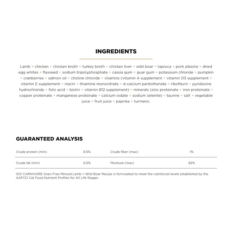 Go! Solutions Carnivore Grain-Free Minced Lamb + Wild Boar Recipe cat food ingredients