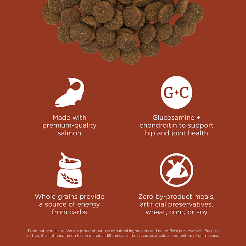 Made with premium-quality salmon, glucosamine and chondroitin, whole grains, and zero by-product meals