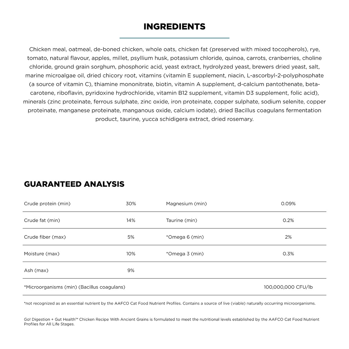 Go! Solutions Digestion + Gut Health Chicken Recipe with Ancient Grains cat food ingredients
