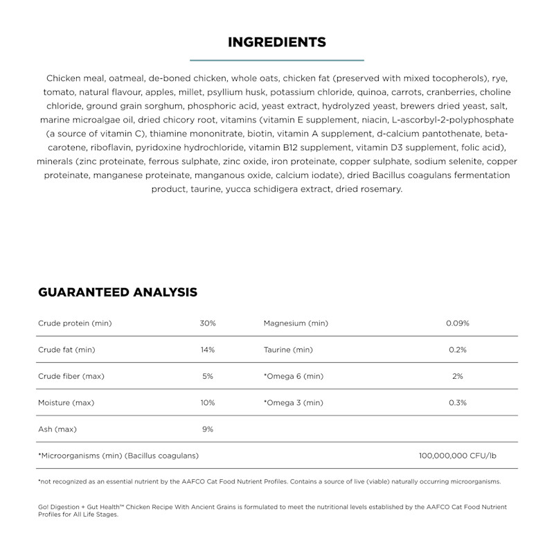 Go! Solutions Digestion + Gut Health Chicken Recipe with Ancient Grains cat food ingredients
