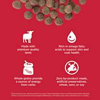 Made with premium-quality lamb, rich in omega fatty acids, with whole grains, and zero by-product meals
