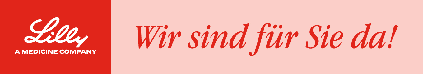 Banner mit weißem Lilly-Logo auf rotem Hintergrund und dem Text „Wir sind für SIE da!“ in roter Schrift auf pinkem Hintergrund.