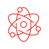 Ein rotes Symbol eines Atoms. Das Atom besteht aus einem zentralen Kern, dargestellt durch einen festen Kreis, mit drei elliptischen Umlaufbahnen darum herum. Jede Umlaufbahn hat einen kleinen festen Kreis, der ein Elektron an verschiedenen Positionen entlang der Umlaufbahnen darstellt.