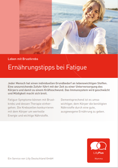 Broschürencover „Leben mit Brustkrebs - Ernährungstipps bei Fatigue“.