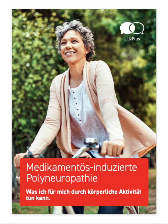 Broschüre zu "Medikamentös-induzierte Polyneuropathie. Was ich für mich durch körperliche Aktivität tun kann." mit einem Bild von einer lachenden Frau auf einem Fahrrrad mit grünen Bäumen im Hintergund.
