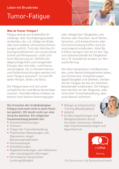 Broschüre zu "Leben mit Brustkrebs, Tumor-Fatigue". Oben rechts ist ein Bild von einer lachenden Frau am Strand 