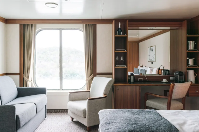 Bedroom in an Expedition Suite (Q2) onboard MS Fram. Credit: Clara Tuma