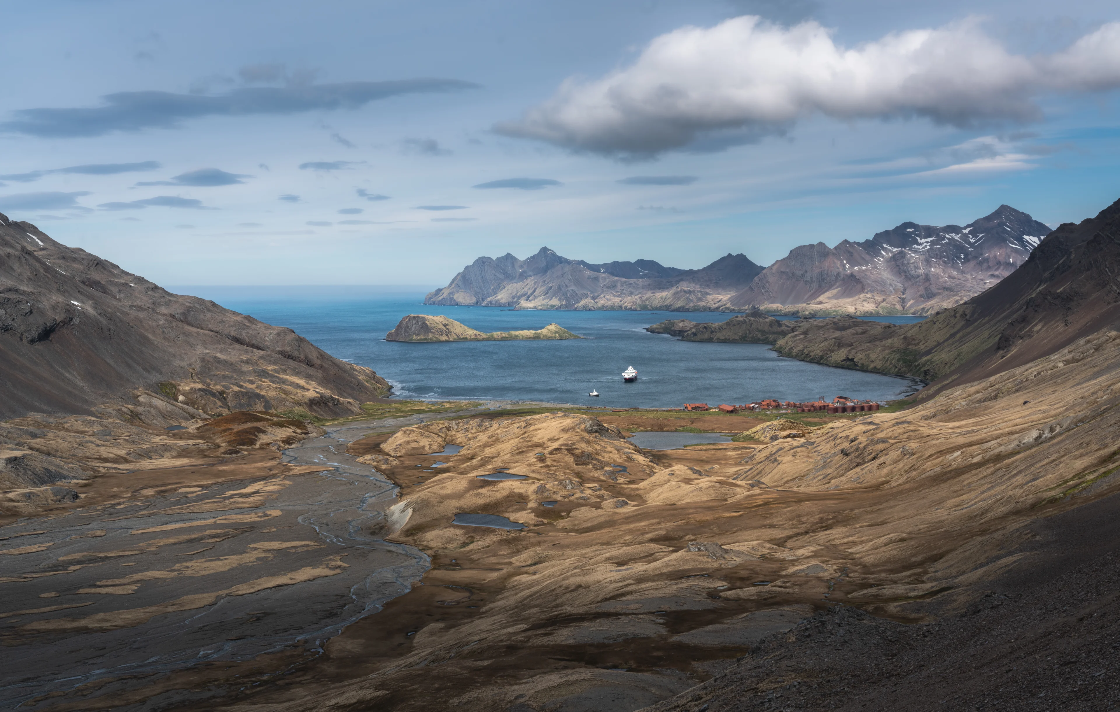 MS Fram at the coast of Stromness, South Georgia. Credit: Yuri Choufour / HX Hurtigruten Expeditions.