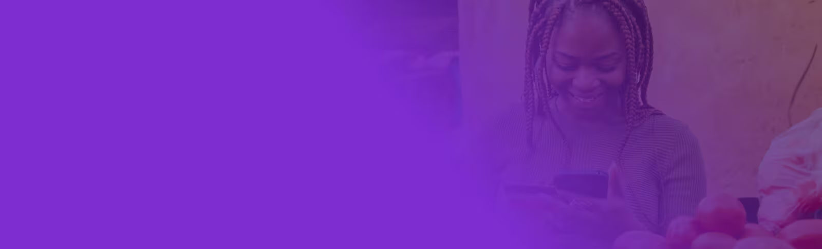 banner-summary A purple banner fading into an image of a lady smiling and using her phone