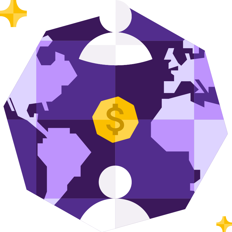 A purple octagon shape with a gold octagon in the centre with a dollar sign inside it. 