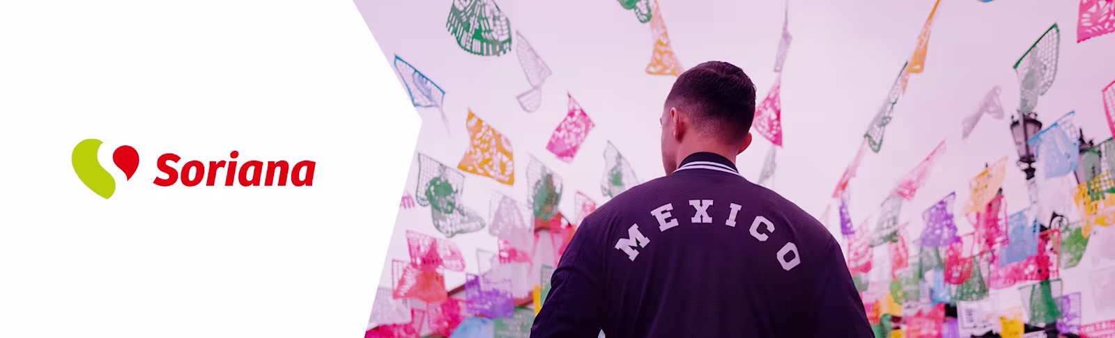 A banner image of the back of a man wearing a jacket that has Mexico written on it. The Soriana logo is also displayed on the left hand side of the image.