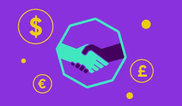 An illustration of a handshake inside a hexagon shape with £, $ and € gold coins around it
