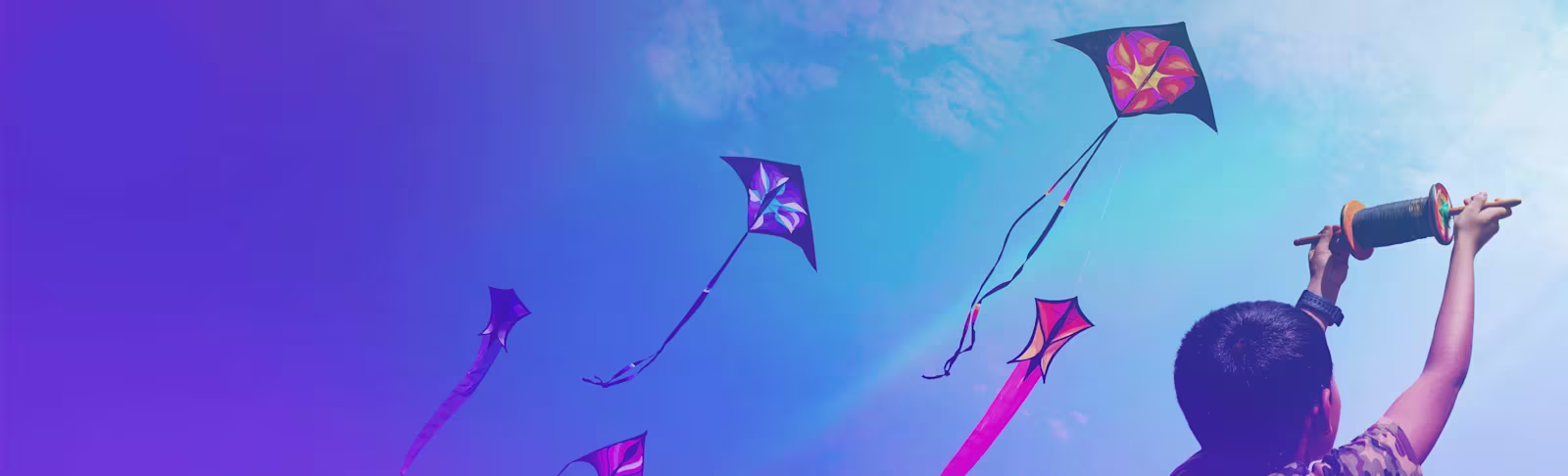 A blue sky background, with kites flying in the sky