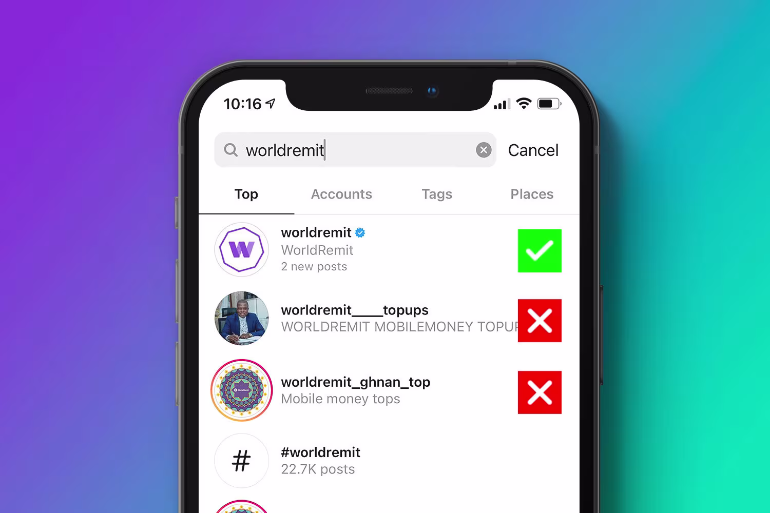 An image of an iPhone showing all of WorldRemits Social Media