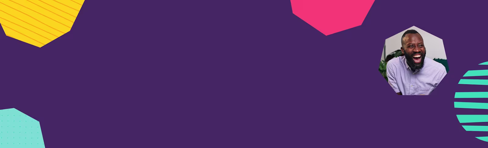 A purple background with a hexagon shape on top. In the hexagon shape there is a photo of a man 